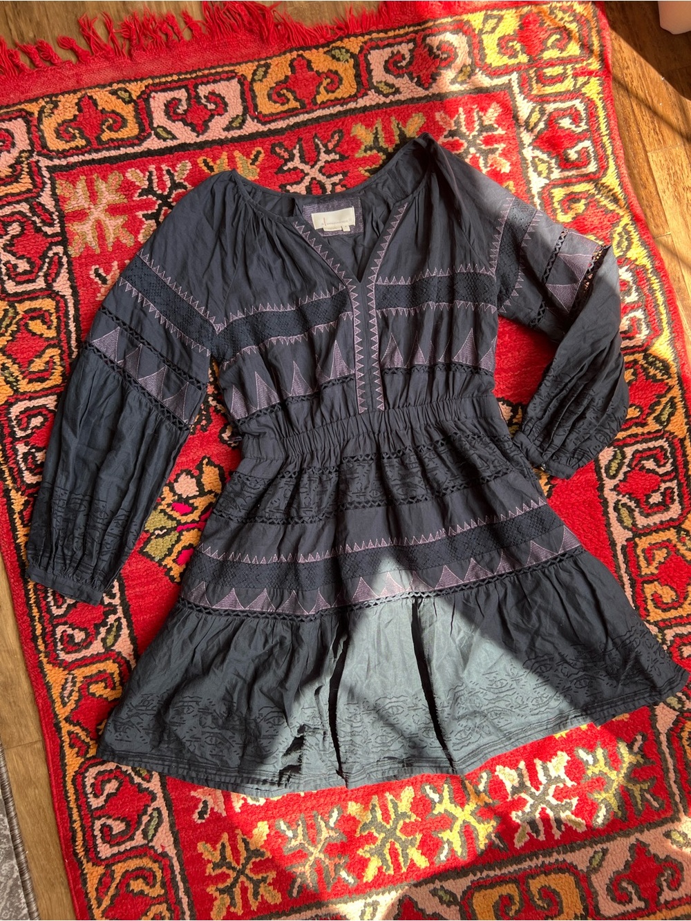 Anthropologie Black Tunic Dress with Purple Embroidery